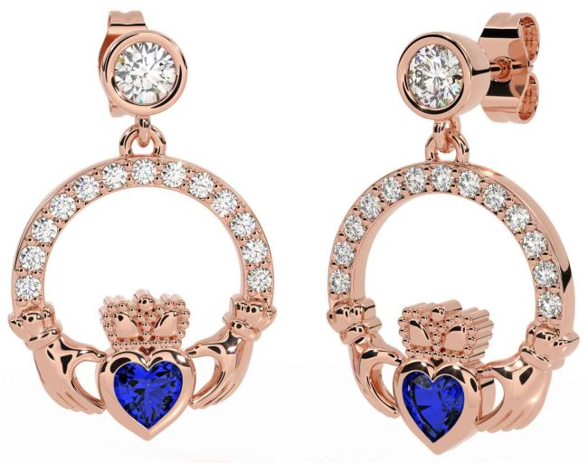 Diamond Sapphire Rose Gold Silver Claddagh Dangle Earrings