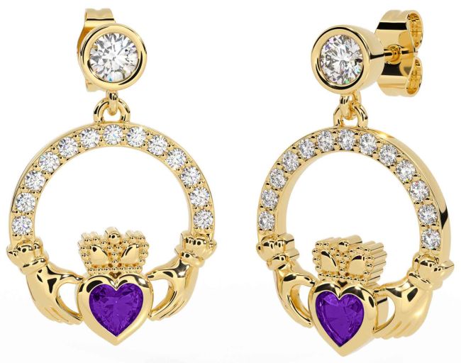 Diamond Amethyst Gold Silver Claddagh Dangle Earrings