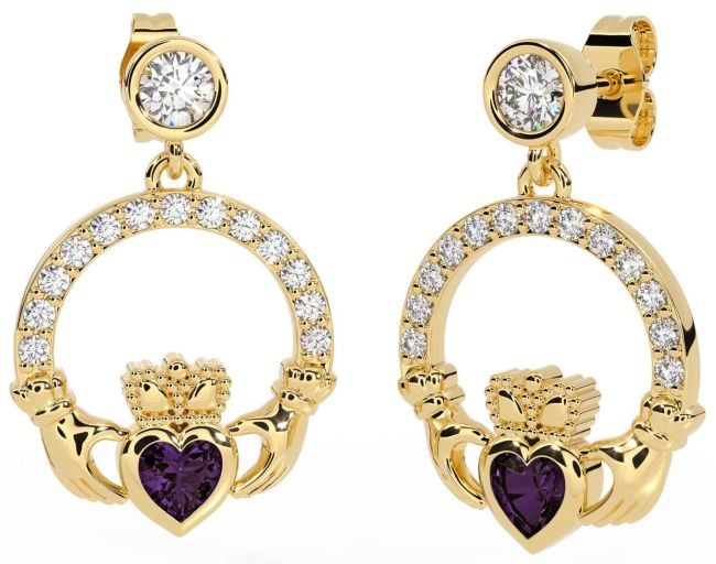 Diamond Alexandrite Gold Silver Claddagh Dangle Earrings