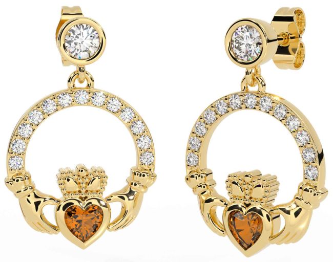 Diamond Citrine Gold Silver Claddagh Dangle Earrings