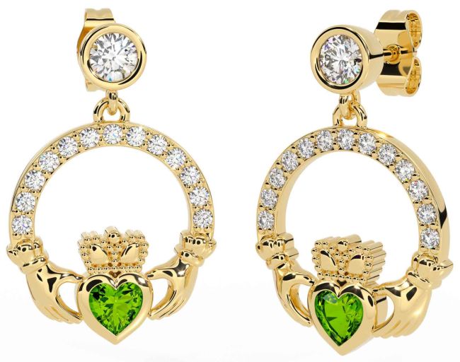 Diamond Peridot Gold Silver Claddagh Dangle Earrings