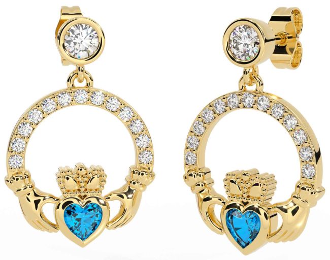 Diamond Topaz Gold Silver Claddagh Dangle Earrings