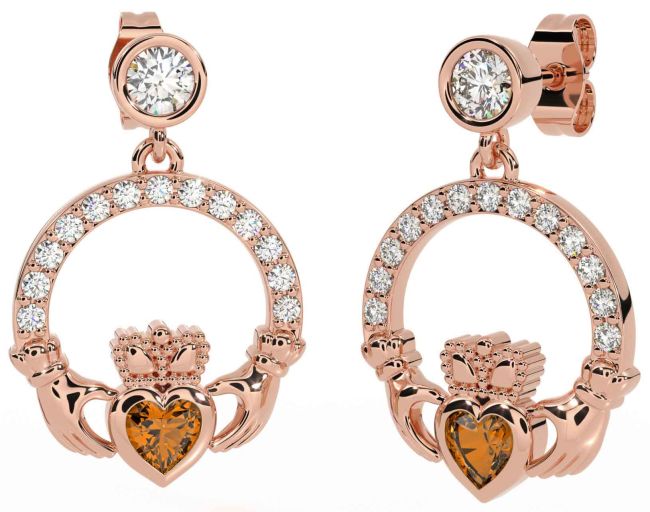 Diamond Citrine Rose Gold Claddagh Dangle Earrings