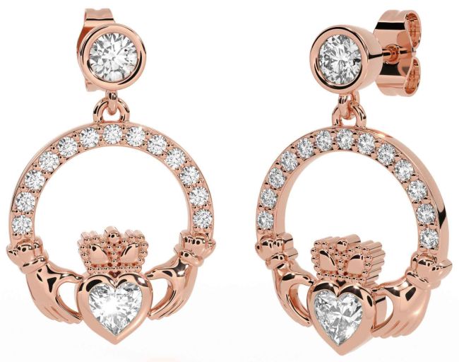 Diamond Rose Gold Claddagh Dangle Earrings