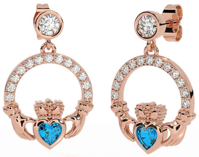 Diamond Topaz Rose Gold Claddagh Dangle Earrings