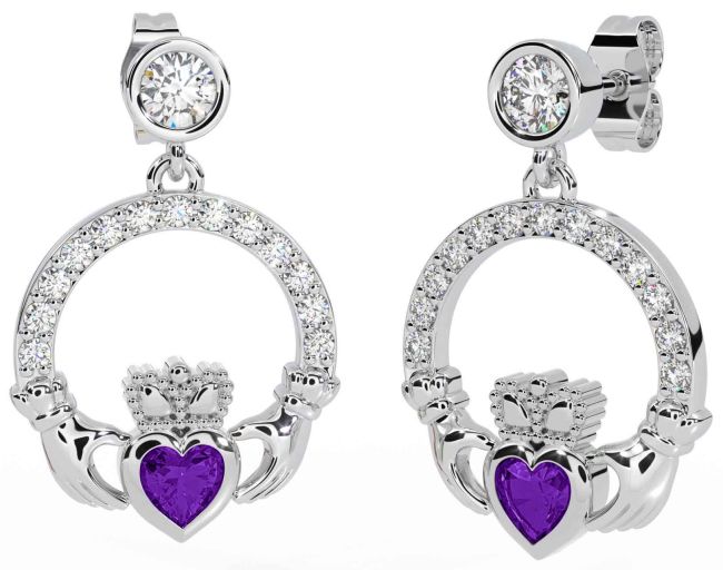 Diamond Amethyst Silver Claddagh Dangle Earrings