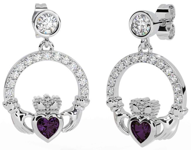 Diamond Alexandrite Silver Claddagh Dangle Earrings