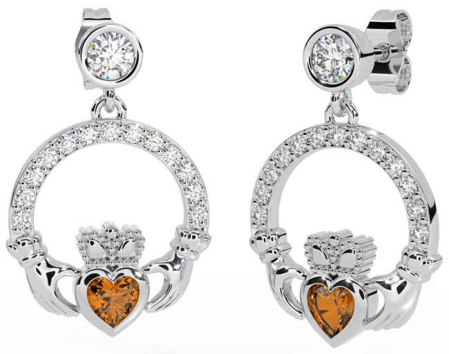Diamond Citrine Silver Claddagh Dangle Earrings