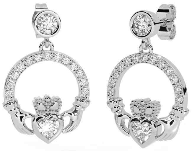 Diamond Silver Claddagh Dangle Earrings