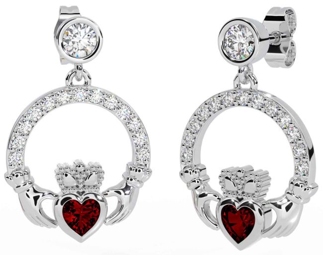 Diamond Garnet Silver Claddagh Dangle Earrings