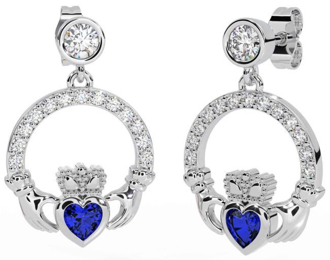Diamond Sapphire Silver Claddagh Dangle Earrings