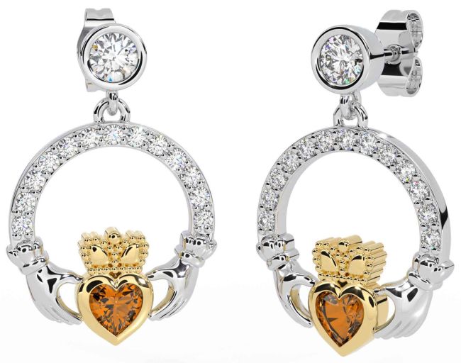 Diamond Citrine Gold Silver Claddagh Dangle Earrings