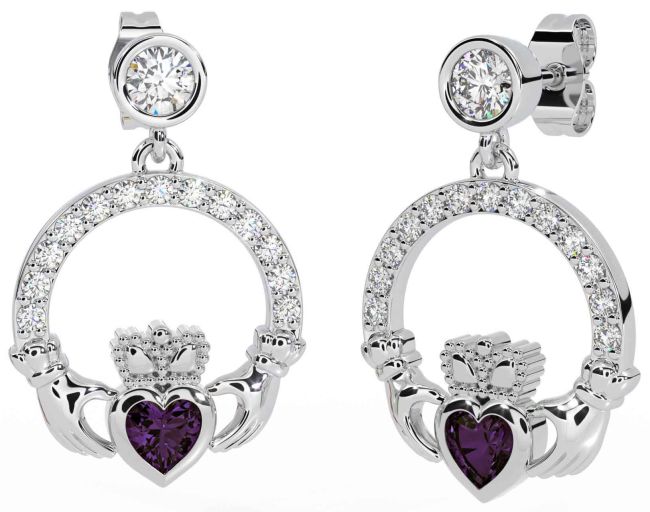 Diamond Alexandrite White Gold Claddagh Dangle Earrings