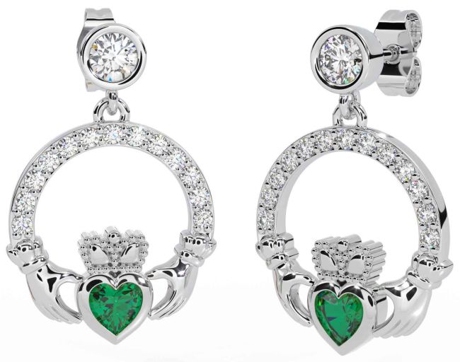 Diamond Emerald White Gold Claddagh Dangle Earrings