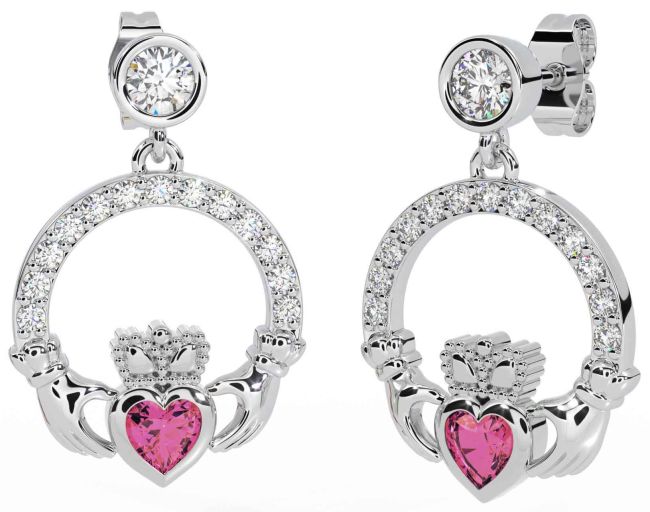 Diamond Pink Tourmaline White Gold Claddagh Dangle Earrings