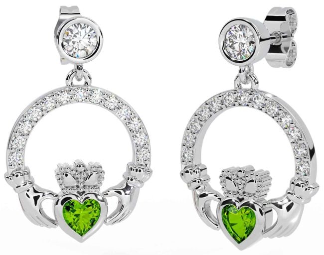 Diamond Peridot White Gold Claddagh Dangle Earrings