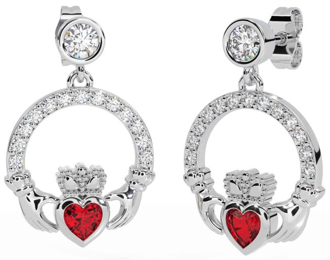 Diamond Ruby White Gold Claddagh Dangle Earrings