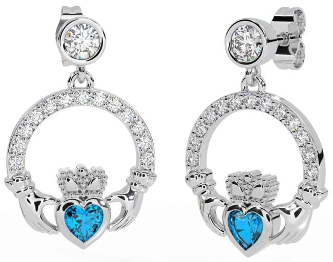 Diamond Topaz White Gold Claddagh Dangle Earrings