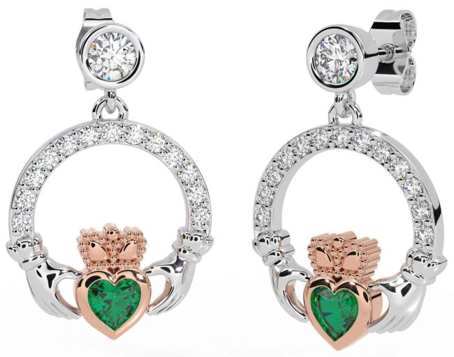 Diamond Emerald White Rose Gold Claddagh Dangle Earrings
