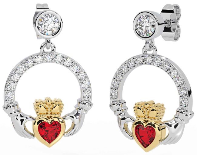 Diamond Ruby White Yellow Gold Claddagh Dangle Earrings