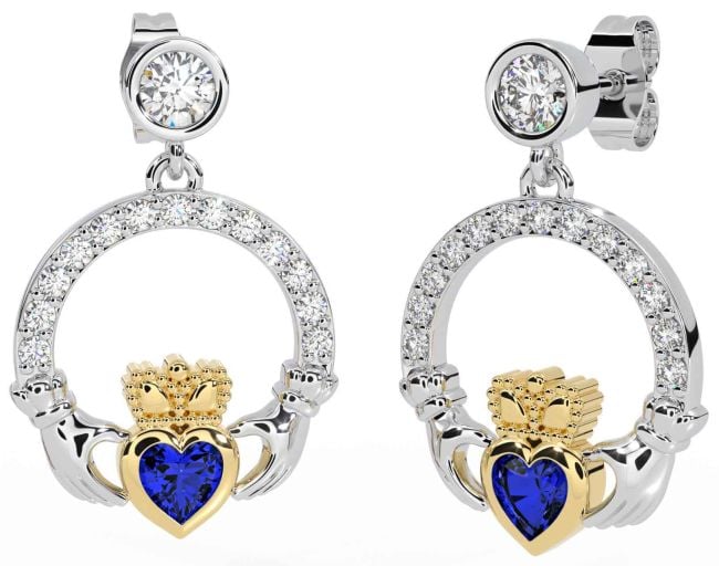 Diamond Sapphire White Yellow Gold Claddagh Dangle Earrings