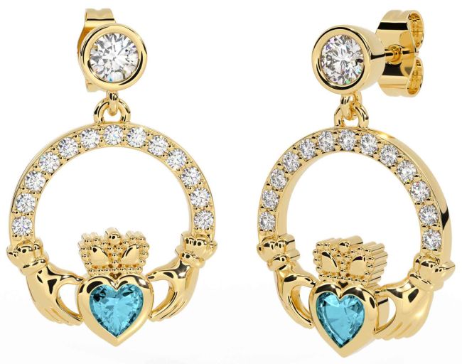 Diamond Aquamarine Gold Claddagh Dangle Earrings