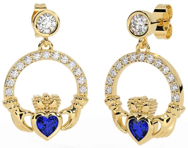 Diamond Sapphire Gold Claddagh Dangle Earrings