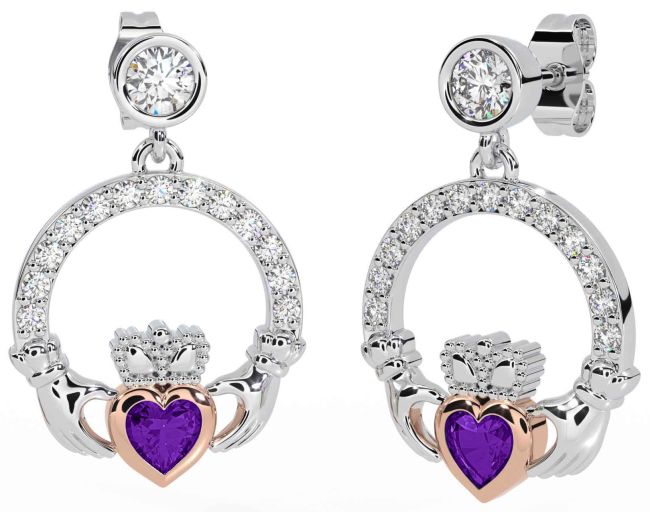 Diamond Amethyst Rose Gold Silver Claddagh Dangle Earrings