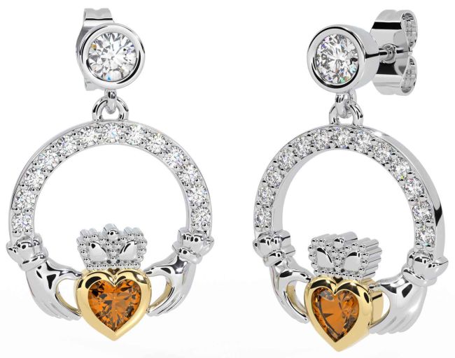 Diamond Citrine Gold Silver Claddagh Dangle Earrings