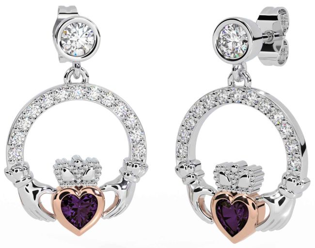 Diamond Alexandrite White Rose Gold Claddagh Dangle Earrings