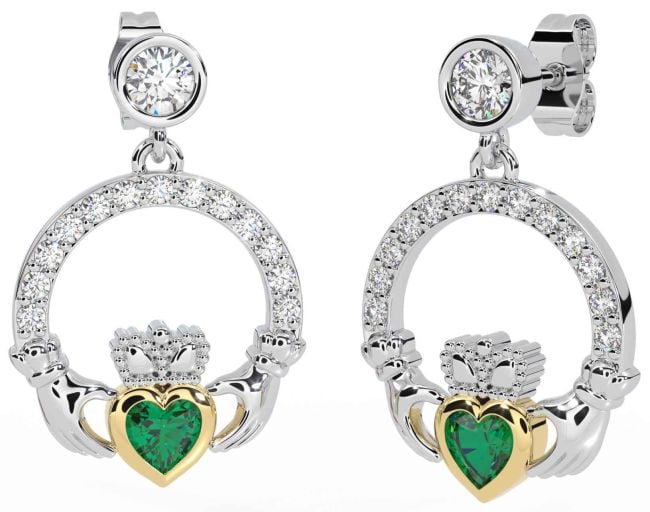 Diamond Emerald White Yellow Gold Claddagh Dangle Earrings