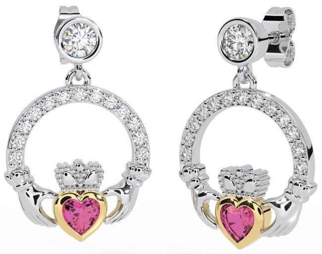 Diamond Pink Tourmaline White Yellow Gold Claddagh Dangle Earrings