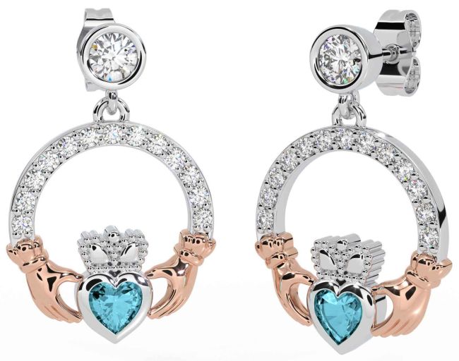 Diamond Aquamarine Rose Gold Silver Claddagh Dangle Earrings