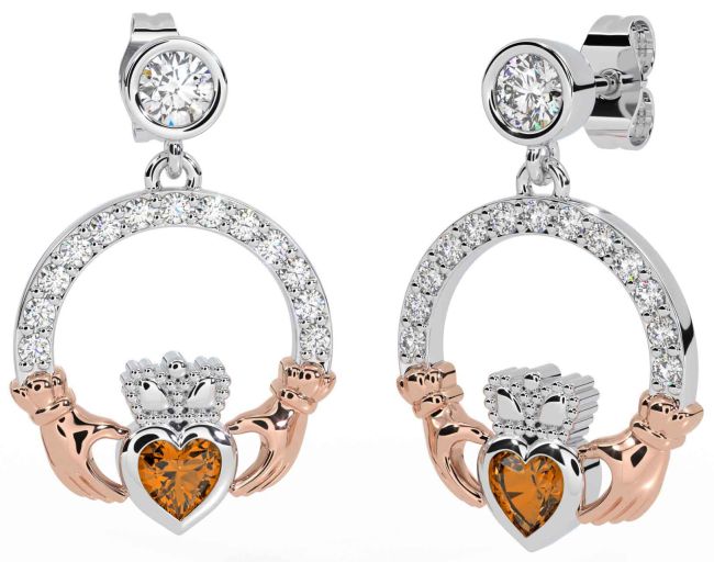 Diamond Citrine Rose Gold Silver Claddagh Dangle Earrings