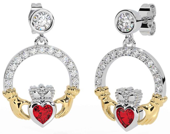 Diamond Ruby Gold Silver Claddagh Dangle Earrings