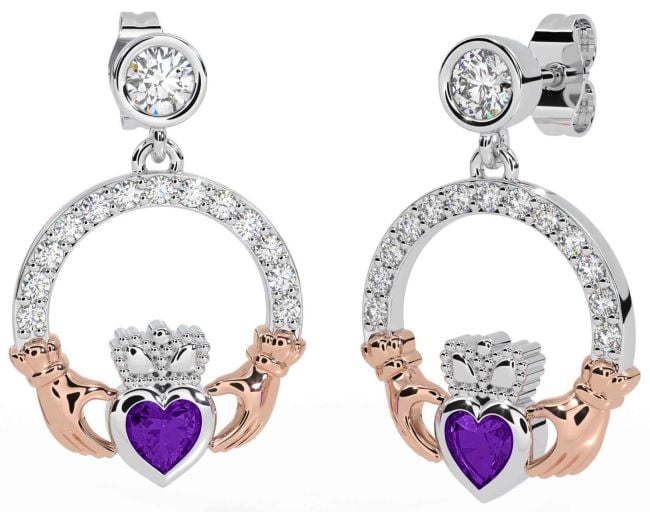 Diamond Amethyst White Rose Gold Claddagh Dangle Earrings
