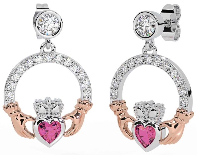 Diamond Pink Tourmaline White Rose Gold Claddagh Dangle Earrings