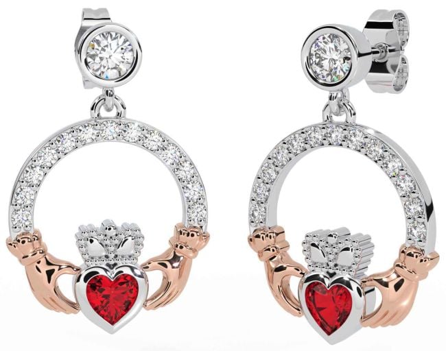 Diamond Ruby White Rose Gold Claddagh Dangle Earrings