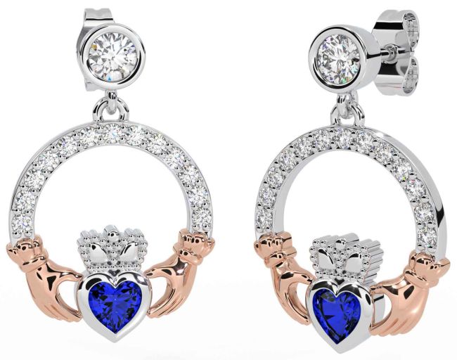 Diamond Sapphire White Rose Gold Claddagh Dangle Earrings