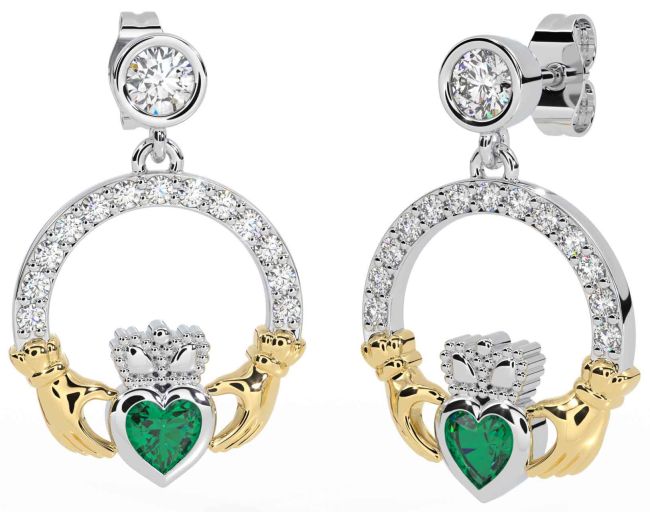 Diamond Emerald White Yellow Gold Claddagh Dangle Earrings