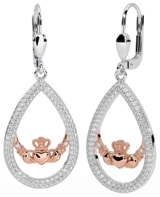 Diamond Rose Gold Silver Claddagh Dangle Earrings