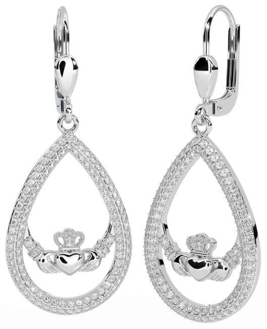 Diamante Blanco Oro Claddagh Colgar Pendientes