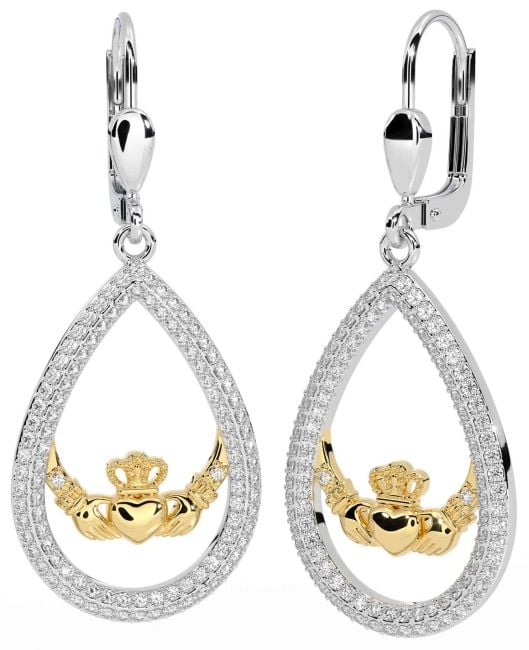 Diamond White Yellow Gold Claddagh Dangle Earrings