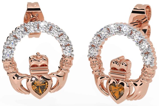 Diamond Citrine Rose Gold Silver Claddagh Dangle Earrings