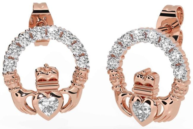 Diamond Rose Gold Silver Claddagh Dangle Earrings