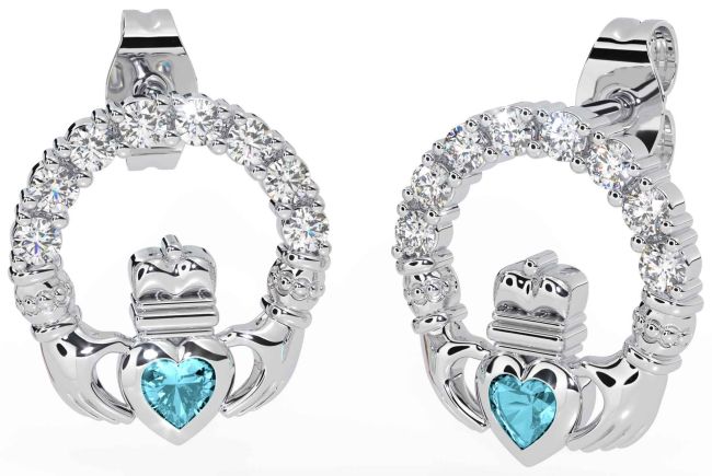 Diamond Aquamarine Silver Claddagh Dangle Earrings
