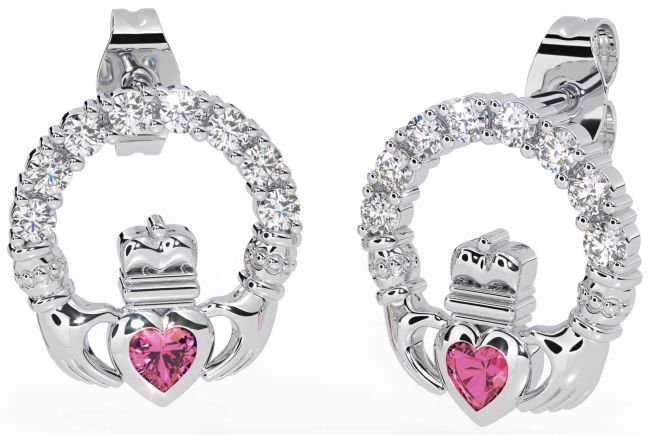 Diamond Pink Tourmaline Silver Claddagh Dangle Earrings