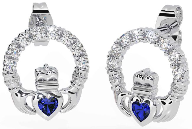 Diamond Sapphire Silver Claddagh Dangle Earrings