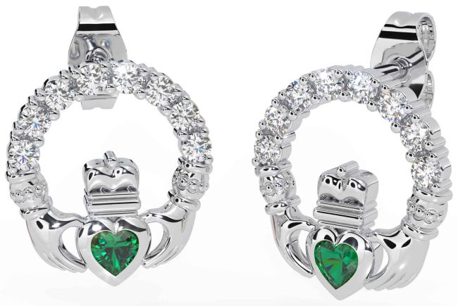 Diamond Emerald White Gold Claddagh Dangle Earrings