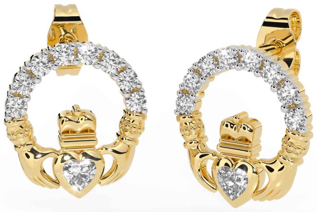 Diamond Gold Claddagh Dangle Earrings
